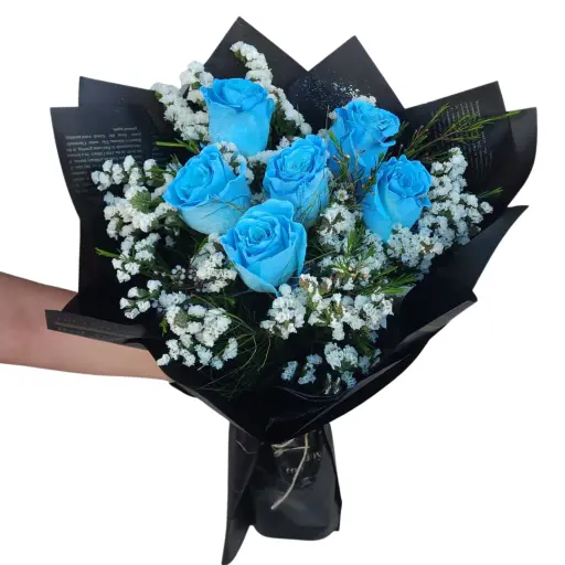 Ramo de 6 rosas azules con papel coreano y brillo